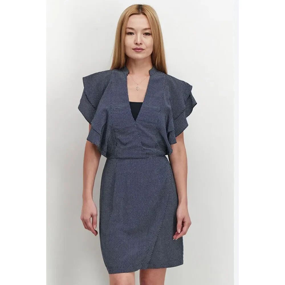 Avec Les Filles Navy Polka Dot Flutter Sleeve Faux Wrap Dress sz M EUC